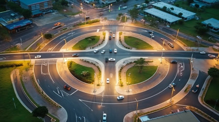 Top view of a road and a roundabout, showing the significance of the road network.  GENERATE AIの素材