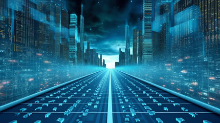 Abstract freeway route through city's digital binary skyscrapers rendered in three dimensions. Big data, artificial intelligence, machine learning, hyperloops, virtual reality, and high-speed networks are concepts. GENERATE AIの素材