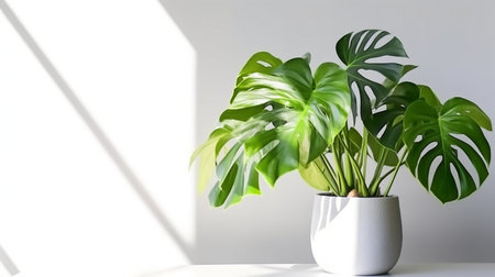 Monstera in a container, close-up of tropical foliage, or houseplant growing indoors for ornamental purposes, isolated on white.  GENERATE AIの素材