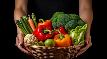 Close-up of a woman holding a wicker basket containing fresh veggies against a dark backdrop. GENERATE AIの素材