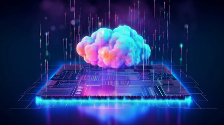 Technology idea with a glowing cloud symbol, an exploding panel with cloud services and data protection, and information processing using artificial intelligence.  GENERATE AIの素材