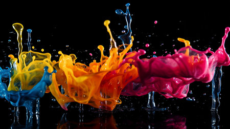 Water splashes in various hues over a dark background. GENERATE AIの素材