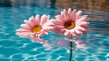 On a lovely spring day, two pink daisies are seen near a vivid blue pool of water. GENERATE AIの素材