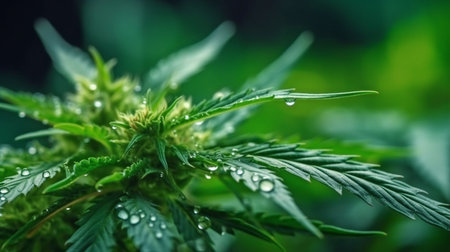 macro green marijuana or cannabis leaves with a plant's water drop on a blurry backdrop, top view in the sun. GENERATE AIの素材