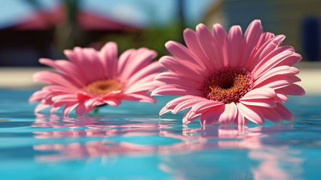 On a lovely spring day, two pink daisies are seen near a vivid blue pool of water. GENERATE AIの素材