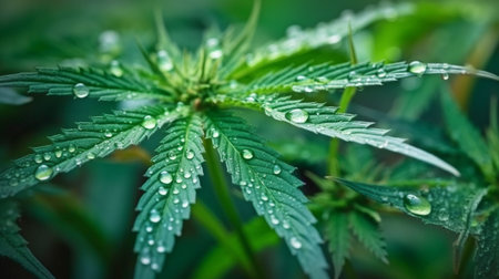macro green marijuana or cannabis leaves with a plant's water drop on a blurry backdrop, top view in the sun. GENERATE AIの素材