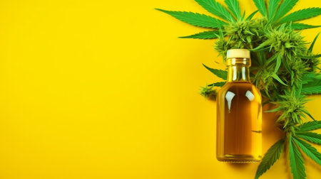 marijuana and a yellow cannabis oil bottle against a green backdrop. GENERATE AIの素材