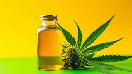 marijuana and a yellow cannabis oil bottle against a green backdrop. GENERATE AIの素材