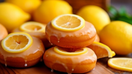 Delicious freshly made donuts with a lemon filling and a yellow glaze.  GENERATE AIの素材