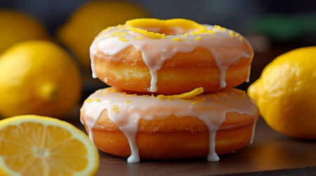 Delicious freshly made donuts with a lemon filling and a yellow glaze.  GENERATE AIの素材