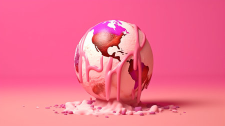 global alert. Planet with a pink background and a scorching sun resembling melting ice cream. 3D representation.  GENERATE AIの素材