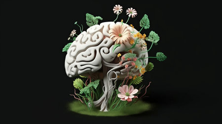 Nature and the human brain. a dark background. pastel shades of white. rendering in 3D. GENERATE AIの素材