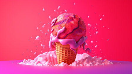 global alert. Planet with a pink background and a scorching sun resembling melting ice cream. 3D representation.  GENERATE AIの素材