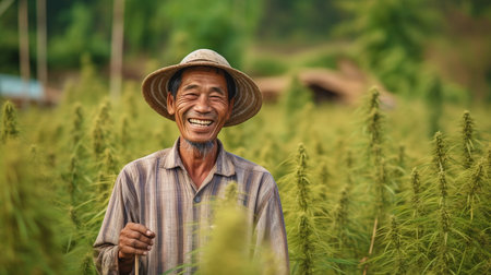 image of a happy, smiling Thai farmer in a rural setting in Thailand. GENERATE AIの素材