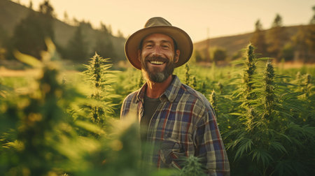 Photographs of farmers grinning while gathering marijuana In his commercial, cannabis sativa is cultivated industrially to produce cannabis for cannabidiol (CBD) oil and other cannabis-derived goods. GENERATE AIの素材