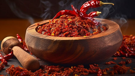 Sprinkling chili flakes into a wooden plate. On a brown background, there are dried chili peppers and pepper flakes. room for copying. GENERATE AIの素材