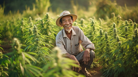 image of a happy, smiling Thai farmer in a rural setting in Thailand. GENERATE AIの素材