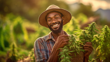 Photographs of farmers grinning while gathering marijuana In his commercial, cannabis sativa is cultivated industrially to produce cannabis for cannabidiol (CBD) oil and other cannabis-derived goods. GENERATE AIの素材