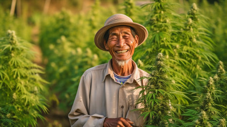 image of a happy, smiling Thai farmer in a rural setting in Thailand. GENERATE AIの素材