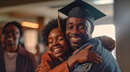 African student beaming, wearing cap and gown, and hugging parents. GENERATE AIの素材