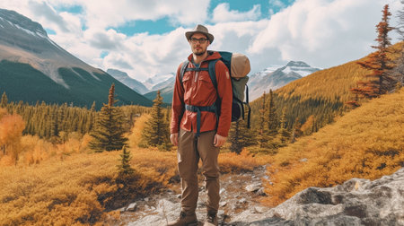 Man traveling in a mountainous woodland while equipped with cold-weather gear, a wind jacket, and a backpack for outdoor camping. lifestyle picture of a guy. GENERATE AIの素材