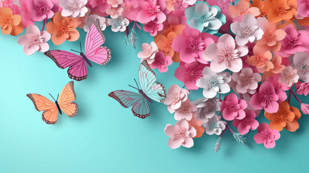 Spring flowery 3D vector with vivid 3D butterflies on a soft backdrop. GENERATE AIの素材
