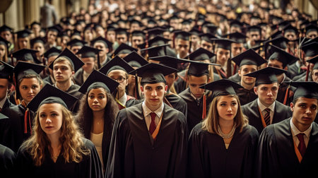 Students from different universities stand next to graduates. students in formal attire for graduation Student holding certificate with both hands and showing achievement. GENERATE AIの素材