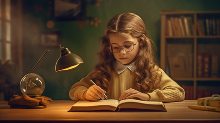 Concept of education and a little student girl studying in a classroom. GENERATE AIの素材
