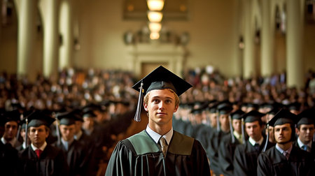 Students from different universities stand next to graduates. students in formal attire for graduation Student holding certificate with both hands and showing achievement. GENERATE AIの素材