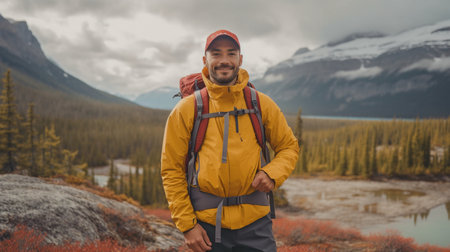 Man traveling in a mountainous woodland while equipped with cold-weather gear, a wind jacket, and a backpack for outdoor camping. lifestyle picture of a guy. GENERATE AIの素材