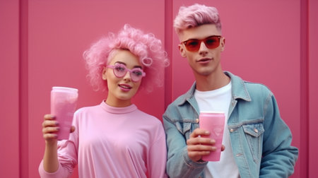 two couples enjoying themselves On a pink background, clutching a glass of Cola while wearing a monochromatic urban pink clothing, this image is hip and stylish. GENERATE AIの素材