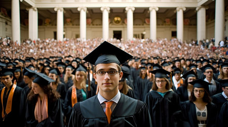 Students from different universities stand next to graduates. students in formal attire for graduation Student holding certificate with both hands and showing achievement. GENERATE AIの素材