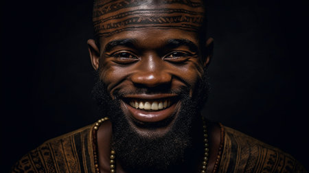 men's photography: beard, grin, and dark skin. GENERATE AIの素材