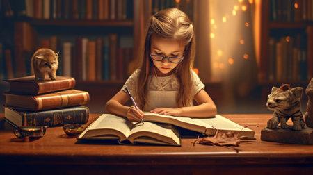 Concept of education and a little student girl studying in a classroom. GENERATE AIの素材