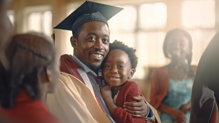 African student beaming, wearing cap and gown, and hugging parents. GENERATE AIの素材