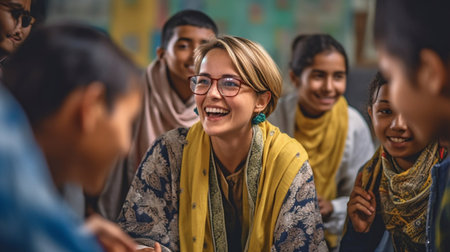 photo of a beautiful woman instructor imparting knowledge and happiness to a group of beautiful foreign pupils from various countries. GENERATE AIの素材