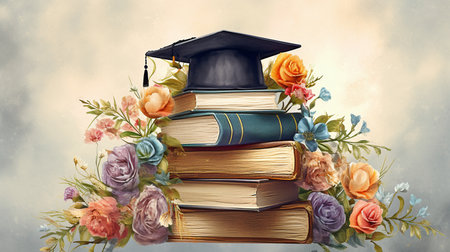 clipart of a graduation cap with flowers above a stack of books. GENERATE AIの素材