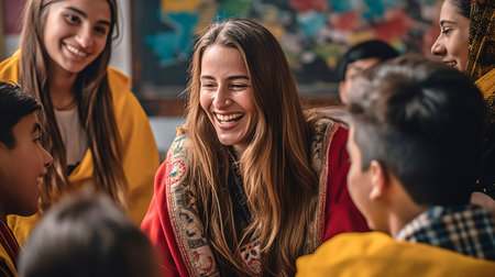 photo of a beautiful woman instructor imparting knowledge and happiness to a group of beautiful foreign pupils from various countries. GENERATE AIの素材