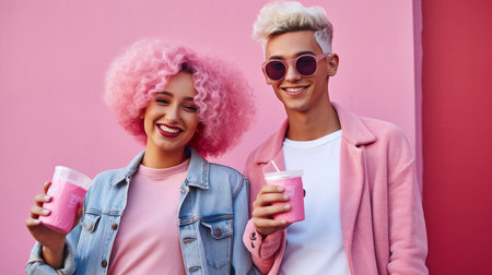 two couples enjoying themselves On a pink background, clutching a glass of Cola while wearing a monochromatic urban pink clothing, this image is hip and stylish. GENERATE AIの素材