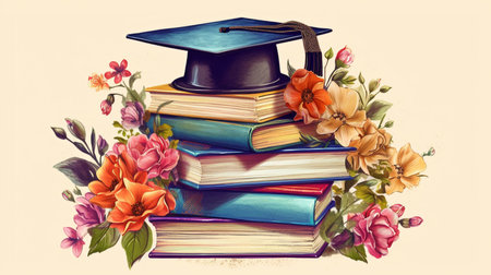 clipart of a graduation cap with flowers above a stack of books. GENERATE AIの素材