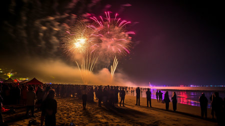 Fireworks are used at the New Year's party celebration at night on the beach.  GENERATE AIの素材