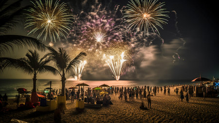 Fireworks are used at the New Year's party celebration at night on the beach.  GENERATE AIの素材
