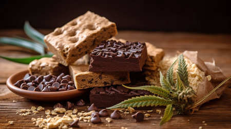 Cannabis leaf and crisp multigrain chocolate cereal are photographed on a dark wooden backdrop.  GENERATE AIの素材