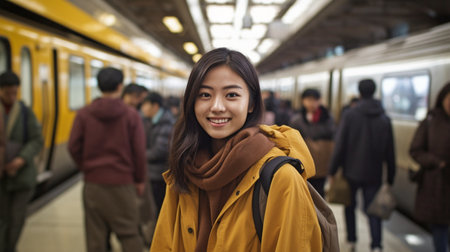 a picture of a smiling, joyful Asian woman tourist waiting for a train at a station.  GENERATE AIの素材