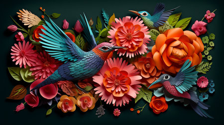 Beautiful summer blooms, butterflies, and hummingbirds in 3D against a background of dark, vibrant colors.  GENERATE AIの素材