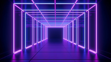 abstract panoramic background with neon lines shining in the UV range, rendered in 3D. Square frame in an empty virtual space. GENERATE AIの素材