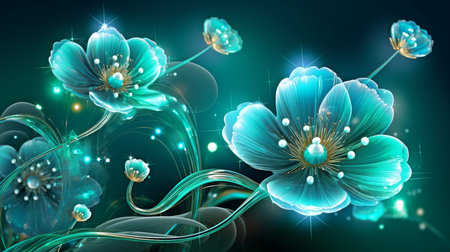 Beautiful turquoise backdrop with magical gems, flowers, and lighting effects. 3D representation. GENERATE AIの素材