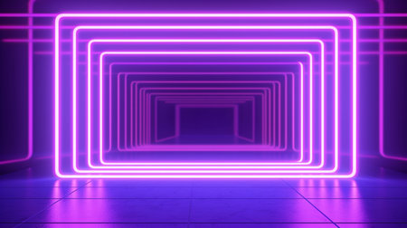 abstract panoramic background with neon lines shining in the UV range, rendered in 3D. Square frame in an empty virtual space. GENERATE AIの素材