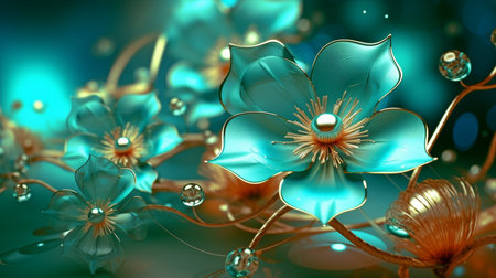 Beautiful turquoise backdrop with magical gems, flowers, and lighting effects. 3D representation. GENERATE AIの素材