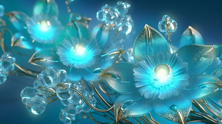 Beautiful turquoise backdrop with magical gems, flowers, and lighting effects. 3D representation. GENERATE AIの素材